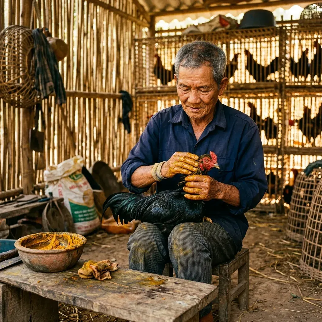 Sư kê om bóp nghệ cho gà chiến